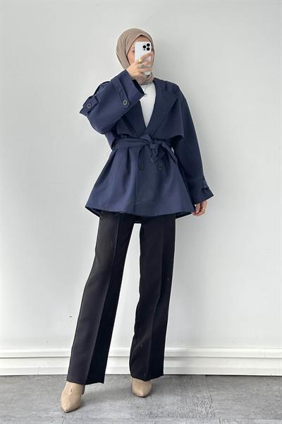 Omuz Apoletli Kısa Trençkot Lacivert