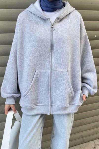 Kapüşonlu Oversize Yan Cepli Sweat Gri