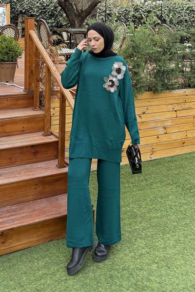Aksesuarlı Triko Takım Zümrüt Yeşili