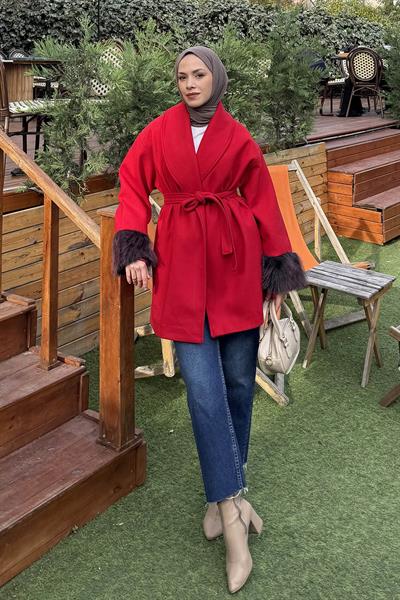 Kol Kürk Detaylı Kaşe Kaban Nar çiçeği