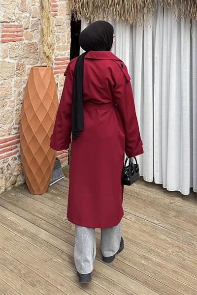 Reglan Kol Düğmeli Trenç Bordo
