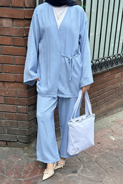 Bağlama Detaylı Kimono Tesettür Takım Mavi