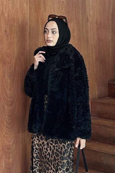 Peluş Detaylı Mont Siyah