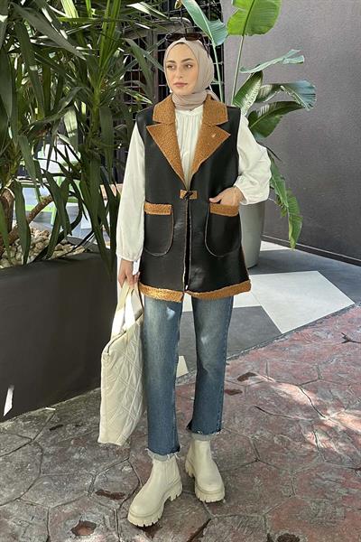 Garnili İçi Kürk Detaylı Deri Yelek Sütlü Kahve