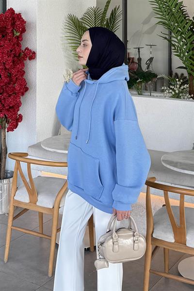 Üç İplik Kanguru Cep Sweatshirt Bebe Mavisi