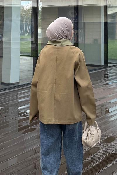 Yaka Detaylı Düğmeli Gabardin Ceket Haki