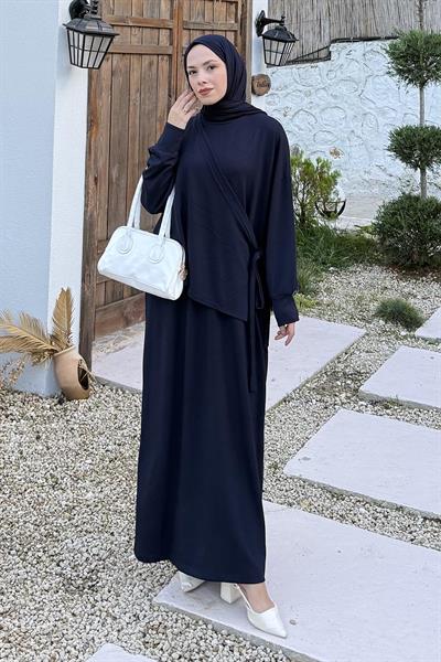 Büzgülü Tesettür Elbise Lacivert