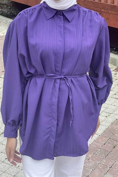 Gizli Düğme Kapama Tunik Gömlek Mor