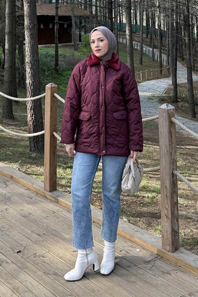 Kürk Yaka Şişme Mont Bordo