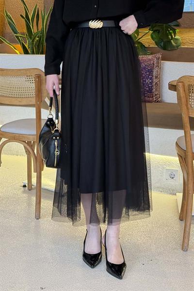 Pileli Kemerli Tül Etek Siyah