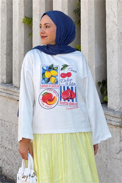 Basic Oversize Dolce Vita Meyve Baskılı Bluz Beyaz