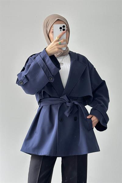 Omuz Apoletli Kısa Trençkot Lacivert