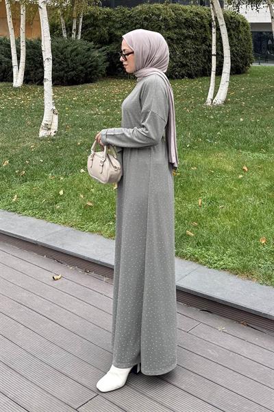 Taş Detaylı Tesettür Elbise Haki