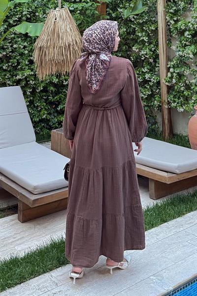 Bel Büzgülü Tesettür Elbise Acı Kahverengi