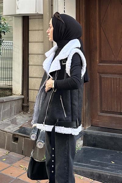 Kürk Detaylı Süet Yelek Beyaz