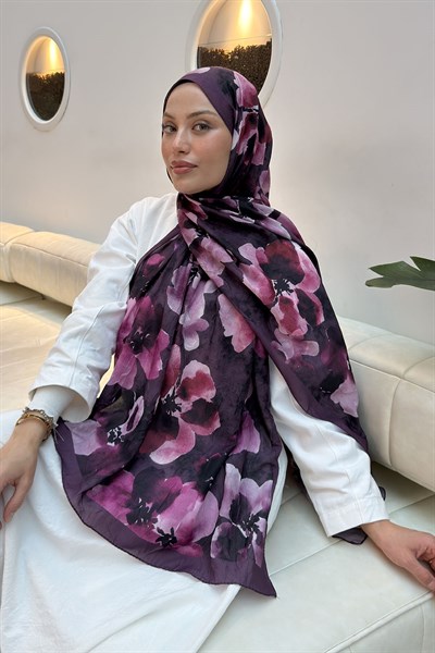 Batik Çiçek Desen Bambu Şal Mürdüm