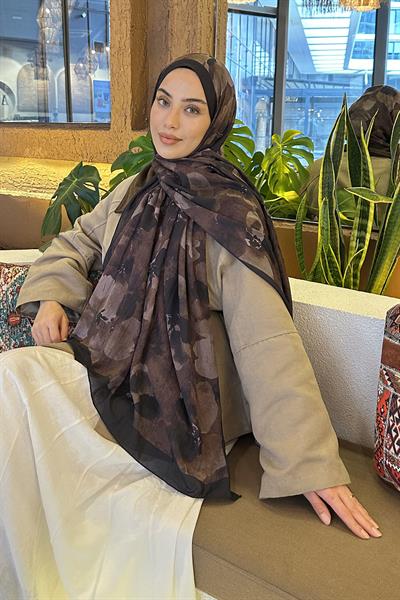 Batik Çiçek Desen Bambu Şal Siyah Kahverengi