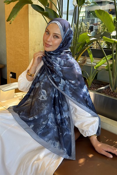 Gül Çiçek Desen Lara Soft Şal Lacivert