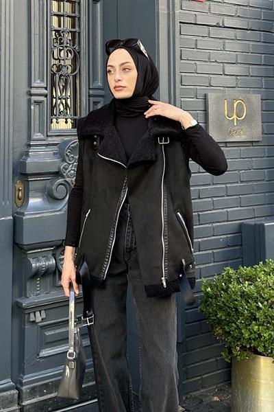 Kürk Detaylı Süet Yelek Siyah