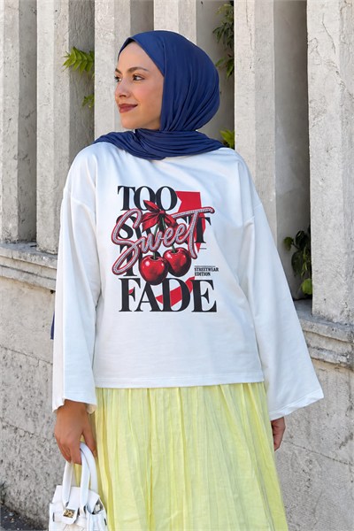 Basic Oversize Cherry Sweet Baskılı Bluz Beyaz