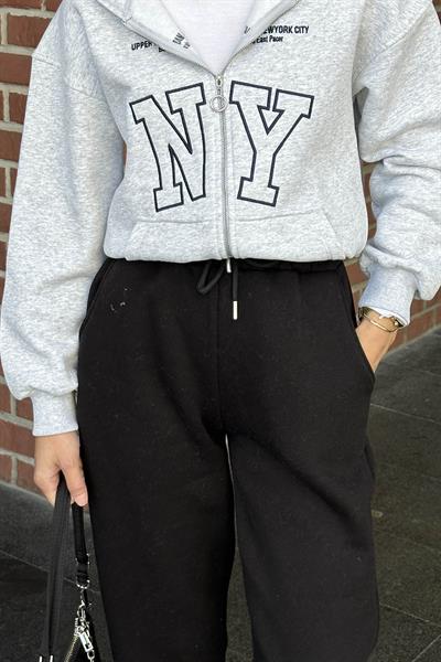 Bel Bağcık Detaylı Üç İplik Eşofman Siyah