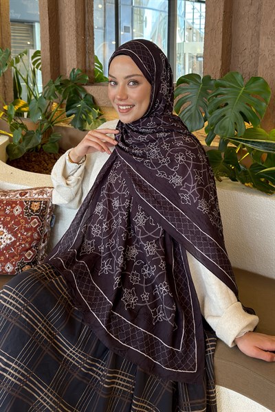 Geometrik Desen Bambu Şal Koyu Kahve