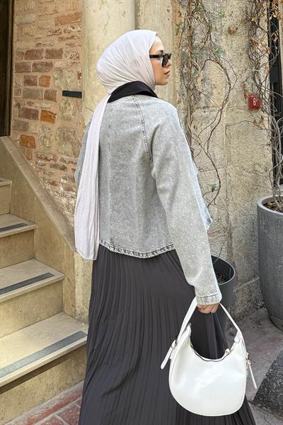 Çıtçıtlı Denim Ceket Gri