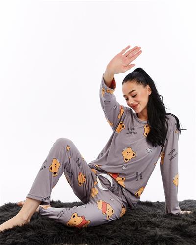 Desenli Pijama Takımı Gri