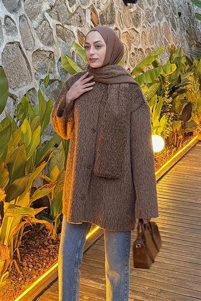 Peluş Atkılı Mont Sütlü Kahve