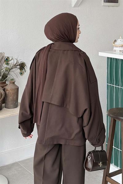 Kruvaze Kısa Tesettür Trençkot Acı Kahverengi