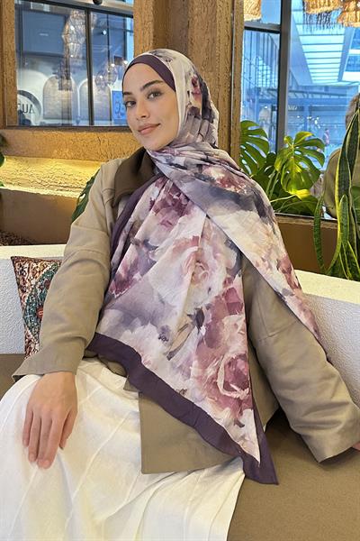 Gül Desen Bambu Şal Eflatun