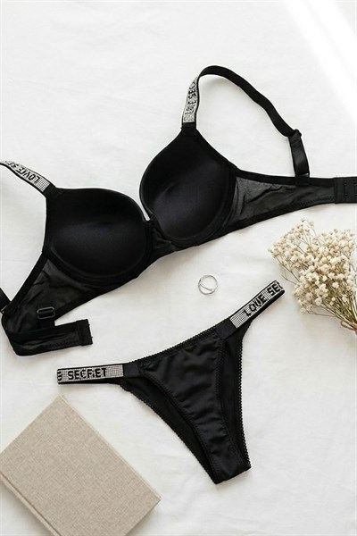 Mikro Kumaş Düz RenkTaşlı Destekli Sütyen Takımı Siyah