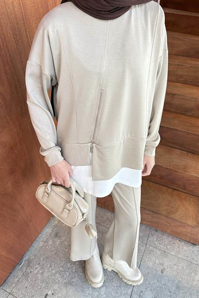 Fermuarlı Garnili Takım Bej