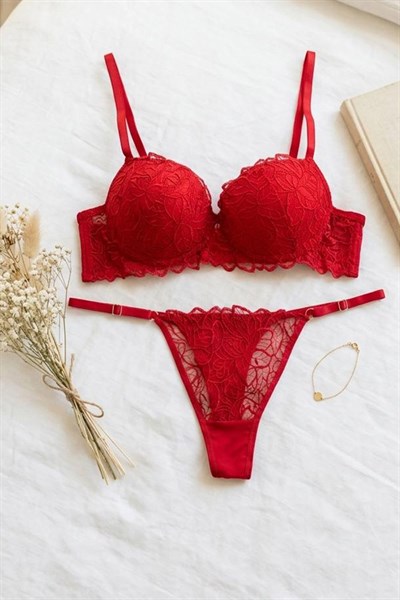 Dantelli Destekli Balenli  Sütyen Takımı Kırmızı