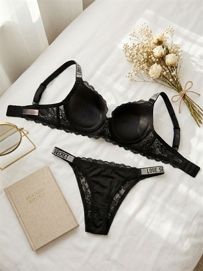 Dantel Taşlı Destekli Sütyen Takımı Siyah