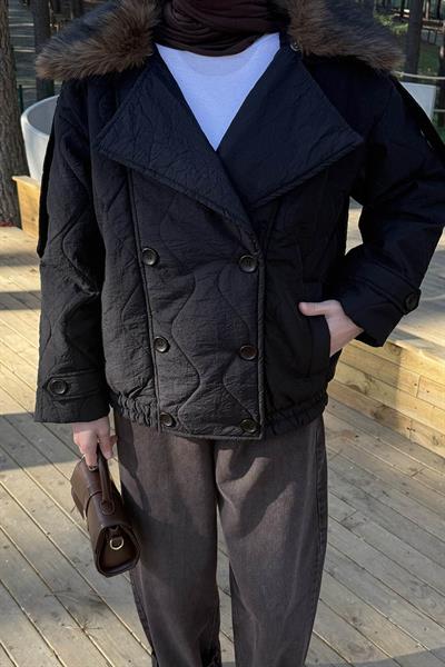 Kürk Yaka Düğmeli Mont Siyah