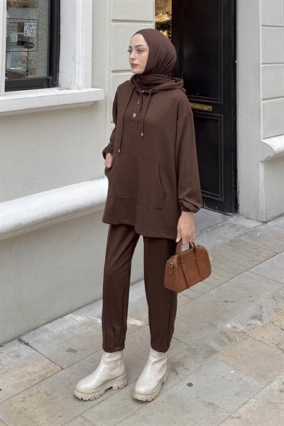 Kapüşonlu İkili Takım Acı Kahverengi