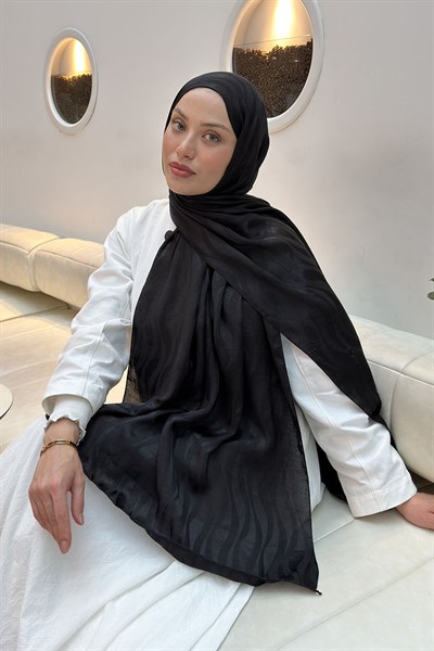 Shine Desen Ayrobin Floş Jakar Şal Siyah