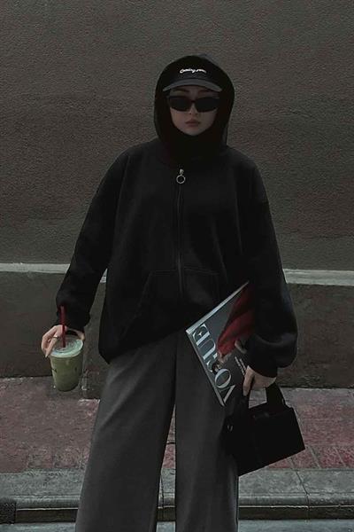 Kapüşonlu Oversize Yan Cepli Sweat Siyah