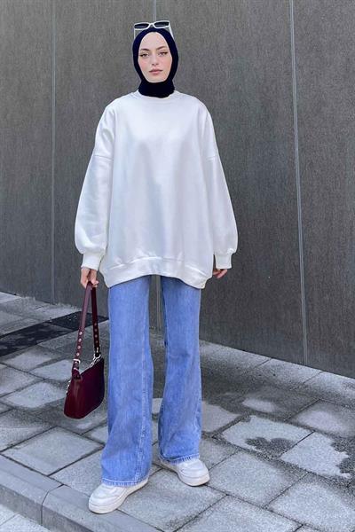 Jasmin Bisiklet Yaka Oversize Sweat Beyaz