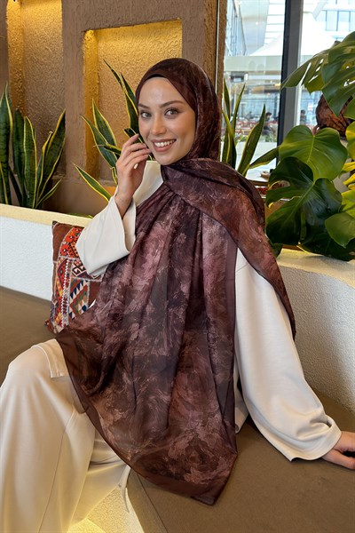 Gül Çiçek Desen Ferah Şal Kahverengi