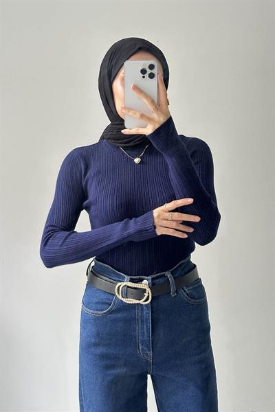 Bisiklet Yaka Fittilli Triko Body Lacivert