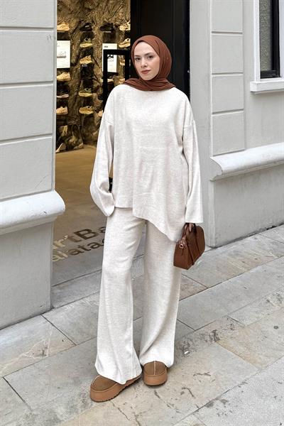 Asimetrik Bisiklet Yaka Triko Takım Koyu Taş