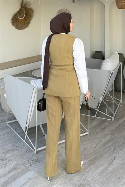 Keten Çift Cepli Yelek Takım Hardal Sarısı