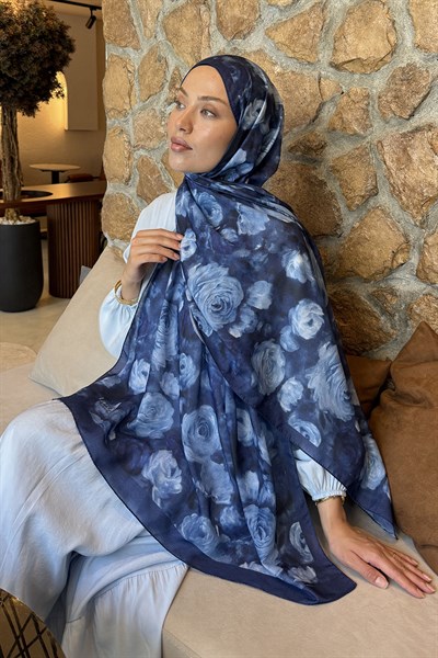 Botanik Çiçek Desen Lara Soft Şal Lacivert
