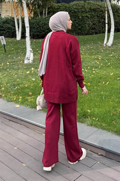 Çiçek Detaylı Triko Takım Bordo