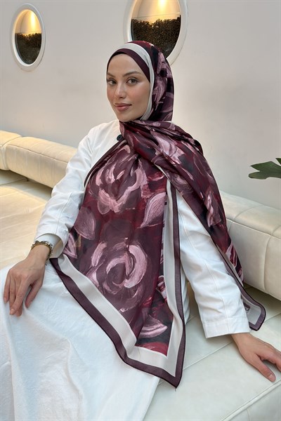 Çiçek Desen Pamuk Şal Bordo Vizon