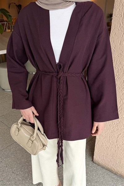 Örgü Bağlamalı Kimono Ceket Mürdüm
