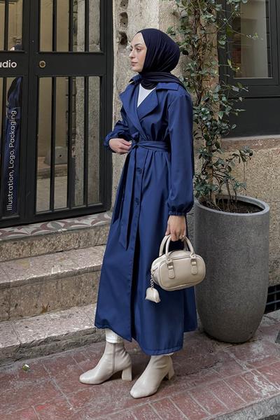 Kol Elastik Detaylı Trençkot Lacivert