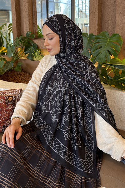 Geometrik Desen Bambu Şal Siyah